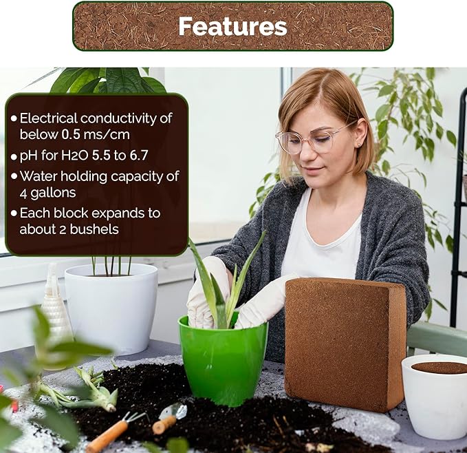 UBICON Coco Coir Block - Organic Garden Soil for Indoor & Outdoor Gardens and Greenhouses; Each 11 Pound Block Gets About 20 Gallons, Excellent Aeration, Retains Water