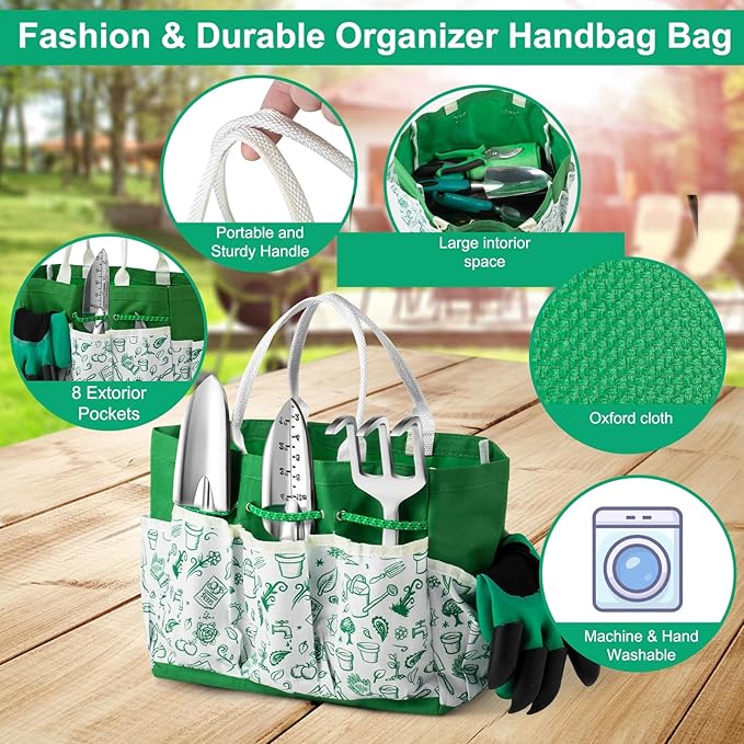 Garden Tool Set, 12-Piece Complete Stainless Steel Gardening Essentials, Heavy Duty Garden Tools with Large Storage Tote, Gardening Gifts for Women, Men, Mom & Dad Beginners Gardeners, Green