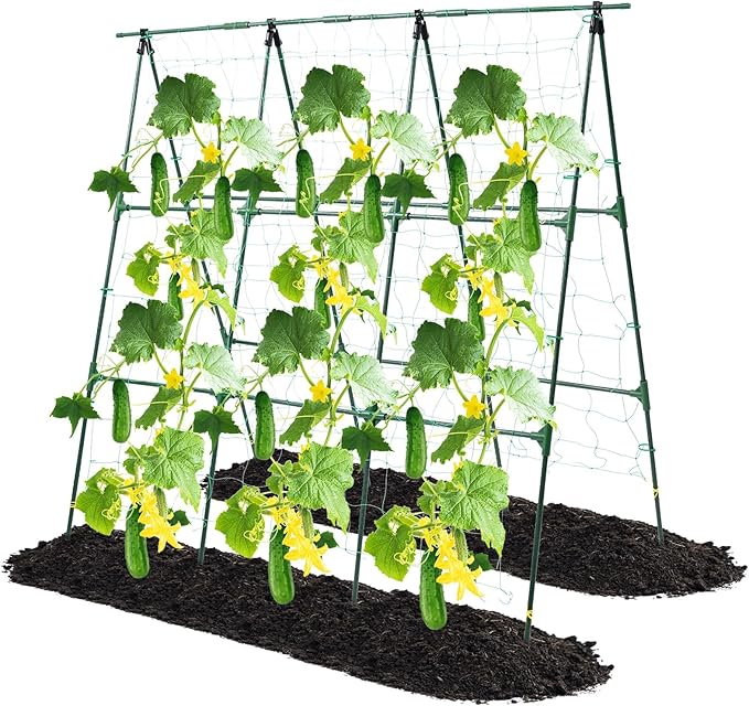 Cucumber Trellis, 50x48 inch A-Frame Garden Trellis for Climbing Plants Outdoor Support for Vegetable Vine Tomato Cucumber Trellis Raised Bed, with Netting, Green