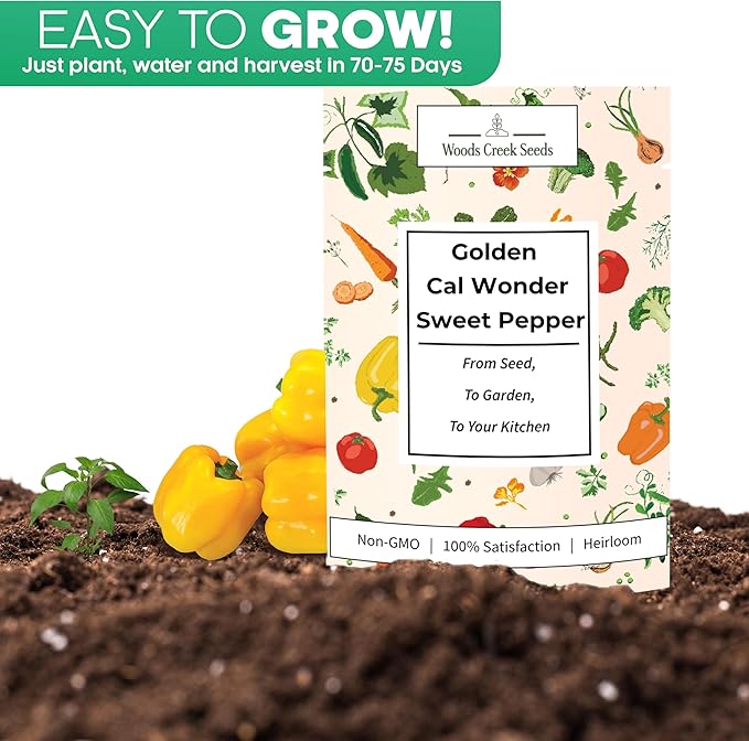 Woods Creek Seeds: Golden Cal Wonder Sweet Pepper Seeds for Planting - Non-GMO and Heirloom Bell Pepper Seeds for Planting Outdoors or Indoors for Home Plant Gardens - Sweet Golden Bell Peppers Seed