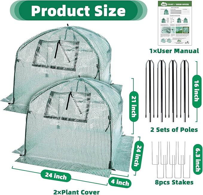 2 Packs Plant Cover Freeze Protection Blanket, 24''x24''x21'' Outdoor Garden Fabric Cover with Poles and Stakes for Winter Frost, Frost Covers for Small Trees, Shrubs, Green