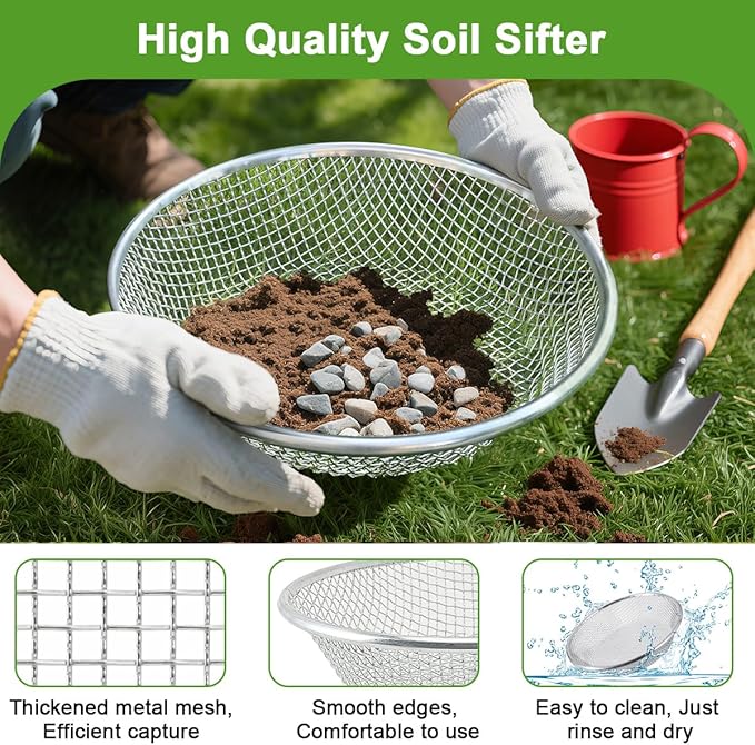 Soil Sieve Sand Rock Compost Sifter Dirt Sieve Sifting Pan Fits 5-Gallon Bucket, Soil Sifter for Gardening, 1/8in
