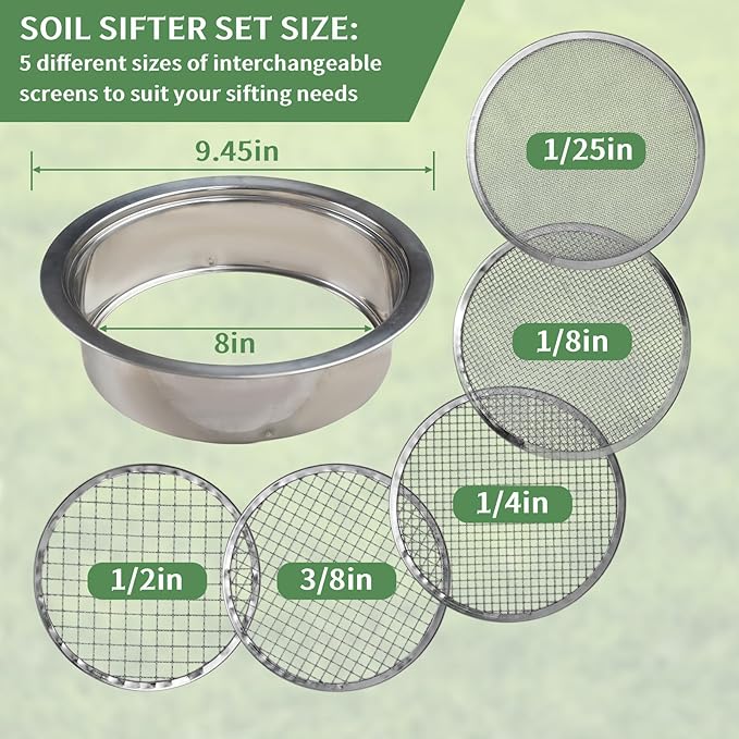 Soil Sifter Stainless Steel Rock Sifter with 5 Replaceable Mesh, Dirt Sifter for Gardening Compost Weed Sand Cat Litter Bonsai with Planting Mat,Shovel,Gloves