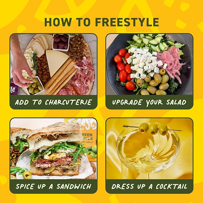 Freestyle Snacks Olive Snack Packs - As Seen on Shark Tank - Single Serve - Fresh Pitted Green Olives, Grown in Greece, All Natural, Non-GMO, Sugar-Free, Salty Snack - Lemon Garlic, 1.1oz (6 Pack)