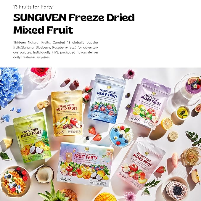 SUNGIVEN Freeze-Dried Fruit Party with 10+ Fruits, Mixed Fruits Variety Pack of 5 Bag, 7.06 oz, Health Snack, Fruit Crisps, Freeze Dried Apple Strawberry Berries Lemon Coconut Fig Mango Pineapple, No Sugar Added, Made with 100% Fruit