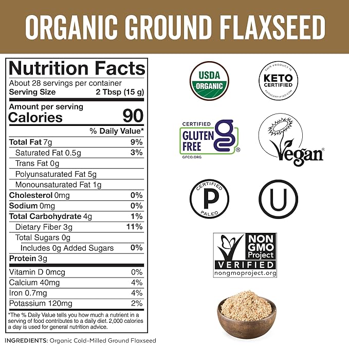 Viva Naturals Organic Ground Flaxseed, 15 oz (425 g) – Plant-Based Protein, Vegan Omega-3 & Fiber, Finely Milled Flax Seeds, Perfect for Smoothies & Baking