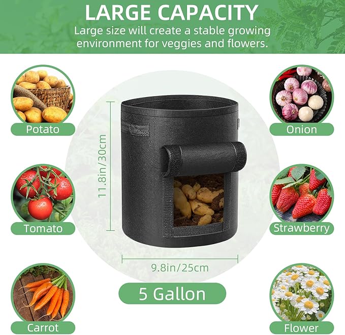 LITLANDSTAR 6 Pack 5 Gallon Potato Grow Bags, Heavy Duty Nonwoven Fabric Garden Planting Bag Plant Container with Flap and Handles, Aeration Fabric Pots for Growing Vegetable, Fruits and Flowers