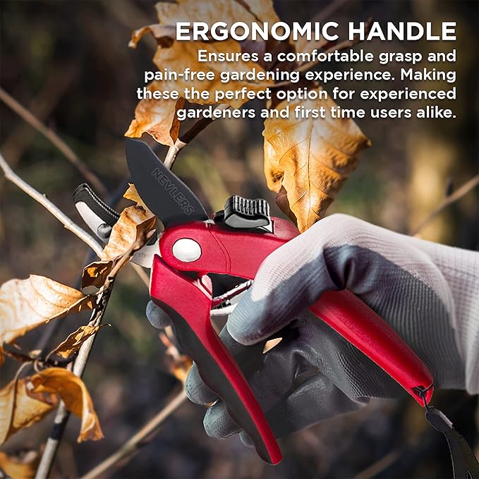 Nevlers 8" Anvil Pruning Shears for Gardening | Hand Pruners for Gardening w/Stainless Steel Blades, 8mm Cut Cap | Garden Clippers Handheld w/Safety Lock | Pruning Shears Heavy Duty Design — Red
