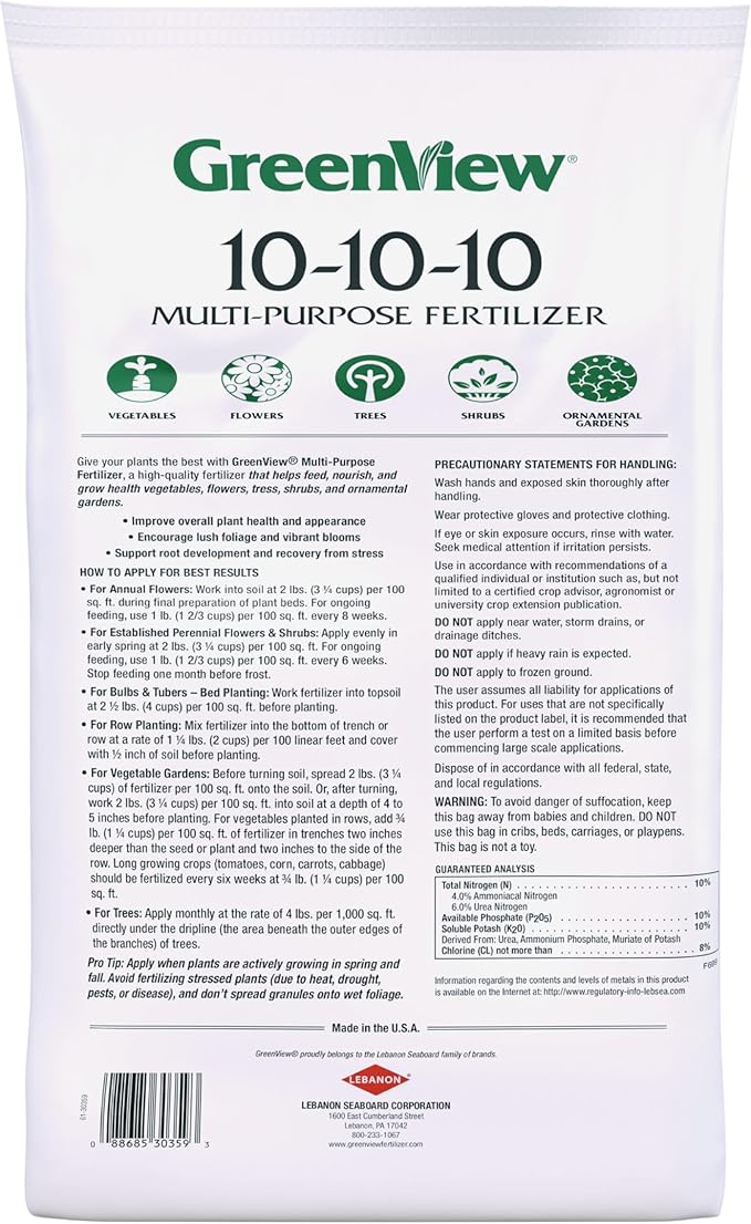 GreenView Multi-Purpose Fertilizer, NPK 10-10-10; 33 lb. Bag - Plant Food Feeds Vegetables, Flowers, Trees, Shrubs, and Ornamental Gardens for up to 6 Weeks - Covers up to 3,300 sq.ft.