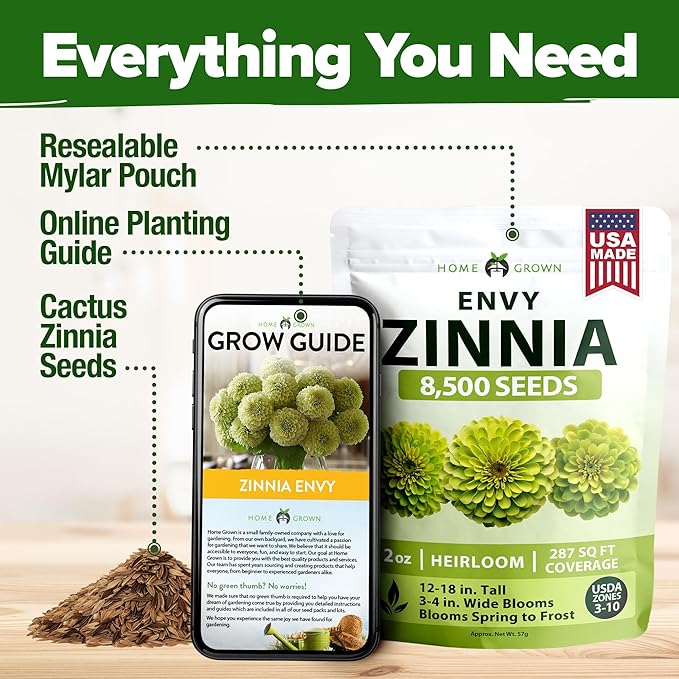 HOME GROWN Envy Zinnia Seeds (2oz) – 8500 Rare Lime Green Annual Zinnia Flower Seeds for Planting, Fast-Growing Bulk Seed Variety, Premium Garden Companion for 2026 Bloom (Zinnia elegans)