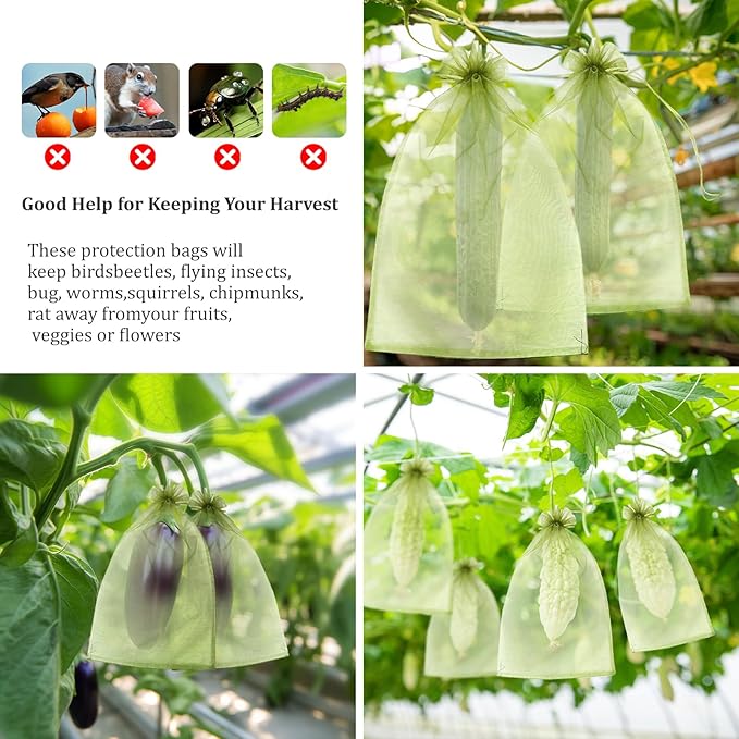 50 PCS 6X9 inches Fruit Protection Bags, Fruit Bags for Fruit Trees, Green Netting Fruit Cover Bags Drawstring Mesh Fruit Protectors Pest Barrier for Fruit Trees Veggies Garden