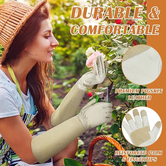 HANDLANDY Pruning Gloves Long for Men & Women, Pigskin Leather Rose Gardening Gloves- Breathable & Durability Gauntlet Glove