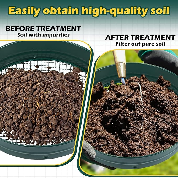 14.57'' Large Soil Sifter for Gardening with 1, 3, 6, 9, 12 mm Sieve Mesh Compost Dirt Sifter with Handle Garden Sand Soil Rock Sieve for Dirt Sand Rocks Pellet Gravel(Green)