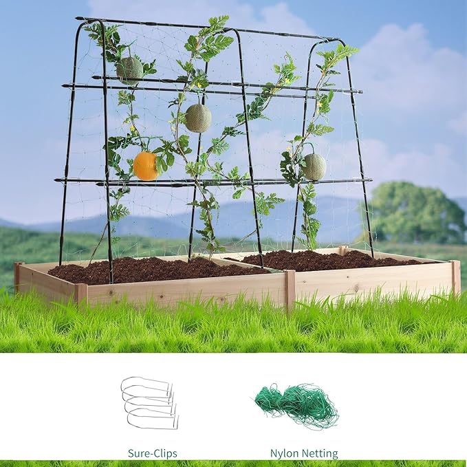 lalahoni Garden Cucumber Trellis for Climbing Plants Outdoor, 5.3 FT Tall Metal Arch Plant Support Vegetable Fruit Flower Vine Plant, Pea Tunnel A-Frame Raised Bed, with Netting, Black, RJ-HPZZ160