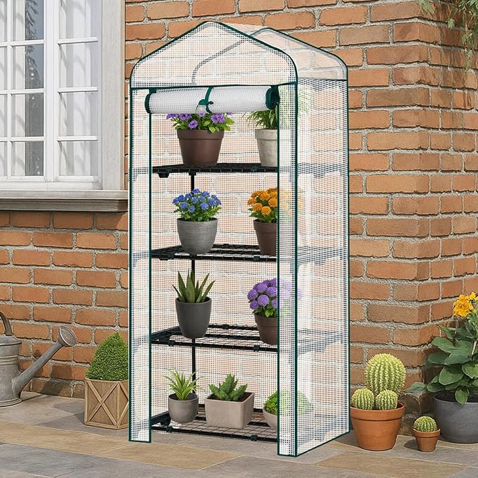 Outvita Mini Greenhouse, Small PE Plant Green House with 4 Tiers Rack, Shelf Clips, Roll-up Zipper Door, Gardening Supplies for Indoor Outdoor Seedling Frost Protection , 27"x19.6"x63" White