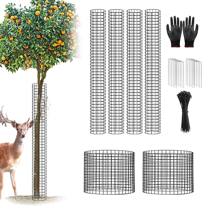 UQM 48 Inch Tree Trunk Protector, 6 Pcs Metal Tree Guards Trunk Protector with Glove & Metal Stakes & Zip Ties, Mesh Tree Bark Protector, Plant Protectors from Deer Animals Mowers Trimmers