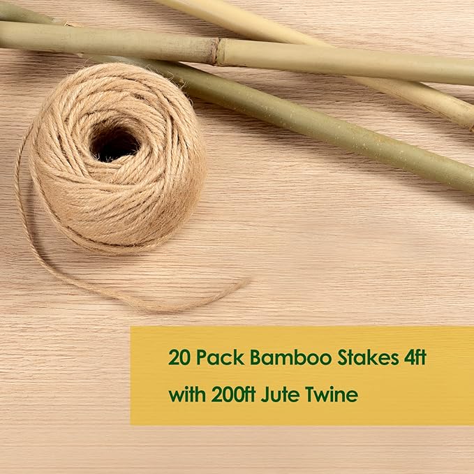 Bamboo Stakes 4 Feet Thicker Garden Stakes with Garden Twine, Diameter of 0.55in Natural Plant Stakes Bamboo Poles for Climbing Plants Support Tomato Cage - 20 Pack Bamboo Sticks for Plants