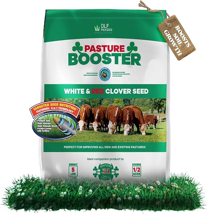 DLF Pasture Booster Clover Seed Mixture - Premium Clover Seed for Pastures, Livestock, Horses, Providing Protein & Essential Nutrients Enhance Soil Health - (White & Red Clover) 5 lbs, 0.21 cubic feet