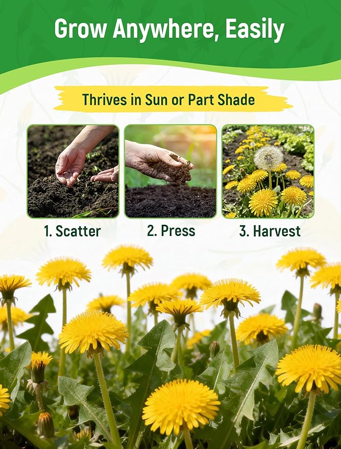 Dandelion Seeds for Planting - 4,000+ Heirloom Dandelion Herb Seeds (Taraxacum officinale), Edible Leaves Flowers Roots, Medicinal Garden, Pollinator-Friendly, Non-GMO