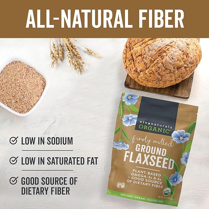 Viva Naturals Organic Ground Flaxseed, 15 oz (425 g) – Plant-Based Protein, Vegan Omega-3 & Fiber, Finely Milled Flax Seeds, Perfect for Smoothies & Baking