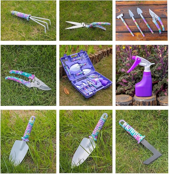 Gardening Tools, LEKEONE 10 Pieces Garden Tools with Floral Print, Ergonomic Handle Trowel Rake Weeder Pruner Shears Sprayer,Gardening Supplies with Carrying Case Gifts for Women