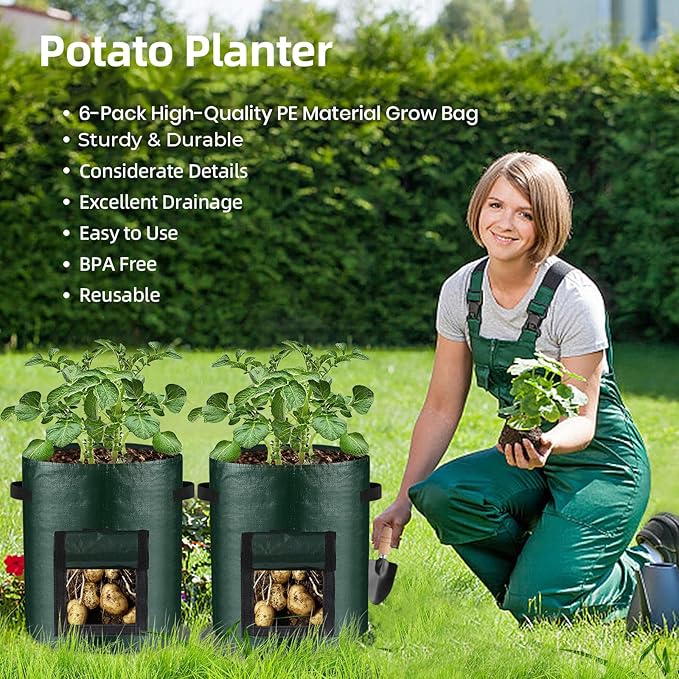 BIJOKETTEN 6-Pack 10 Gallon Grow Bags, 120g Plant Pots with Handles and Flap, Lightweight PE Growing Bag for Vegetable Tomato Potato Flowers Mushroom Planting, Indoor/Outdoor Grow Pots