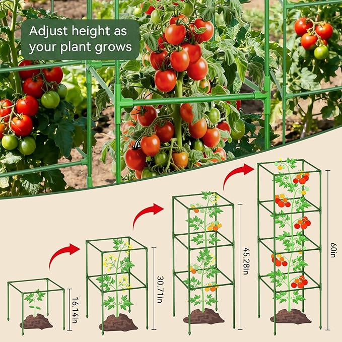 Halatool Square Tomato Cages Heavy Duty,60 Inch Foldable Metal Tomato Trellis,Large Tomato Plant Cage for Climbing Vegetables, Fruits & Flowers for Garden,4 Pack