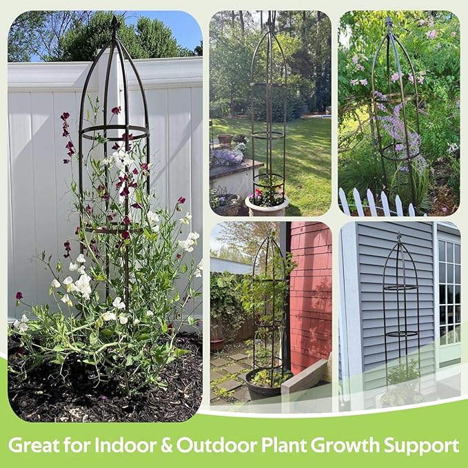 100% Metal Obelisk Trellis for Climbing Plants Outdoor - Heavy Duty Stone Coated Steel Garden Arch Trellis - Tall Sturdy Rustproof Vertical Plant Support for Climbing Vine Vegetables Flowers