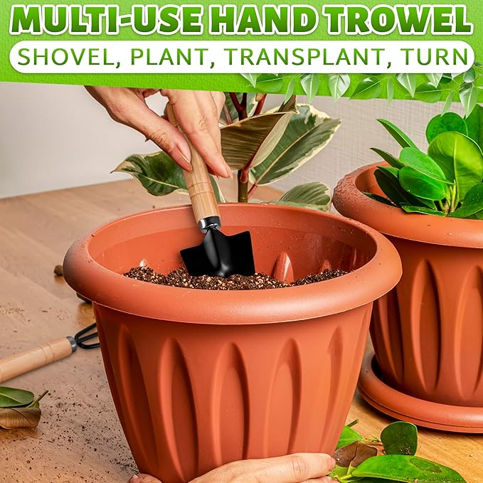 3 Pcs Mini Garden Tools for Gardening – Small Garden Tools Set with Mini Shovel, Small Trowel & Hand Rake, Rustproof Metal Build & Wood Handle – Shovels for Digging, Balcony Pots & Indoor Plant Care