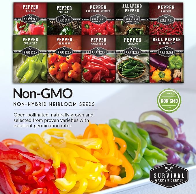 10 Pepper Seed Packs for Planting | Jalapeño, Serrano, Cayenne, Bell, Habanero, Poblano & More – Hot & Sweet Heirloom Non-GMO Peppers Collection – Survival Garden Seeds
