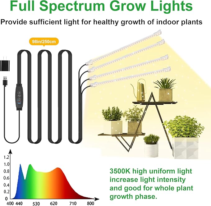 LED Plant Growing lamp Strips, Full Spectrum 3500K Grow Light for Indoor Plants with 3/9/12H Timer and 10 Dimmable Levels for Green House Hydroponics Succulent，4 Head 13 Inches