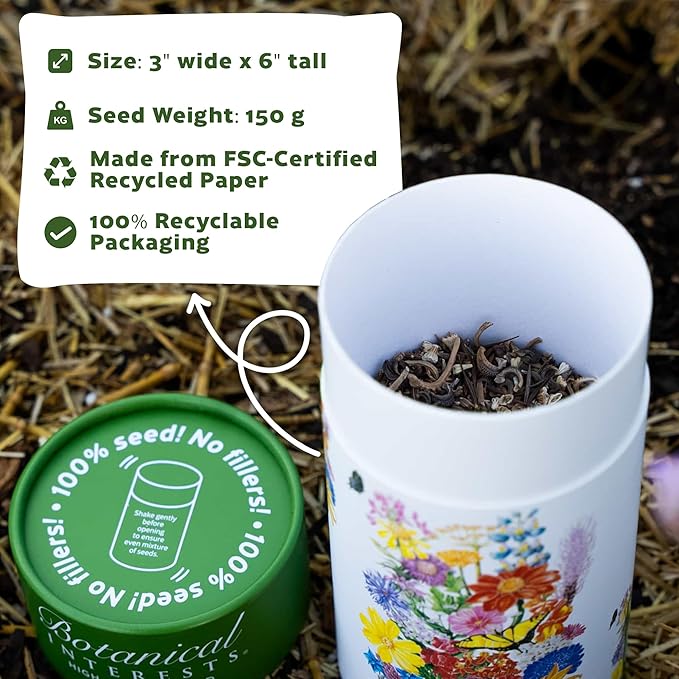 Botanical Interests Butterfly Garden Wildflower Seed Mix Shaker - Covers 1,500 sq ft, 27 Native Flowers & Herbs for Pollinators, Perennial & Annual Seeds for Full Sun, Eco-Friendly Recyclable Tube