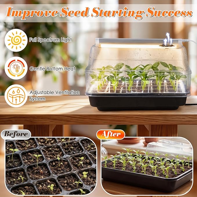 Saillong Seed Starter Tray with Grow Lights, Seedling Heating Tray with 15'' x 8.2'' Adjustable Height Humidity Domes, Plant Germination Propagation Kit for Planting Seeds, Mini Greenhouse Indoor