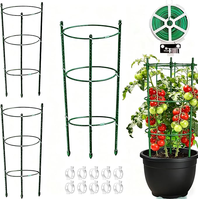 Tomato Cage Plant Support Cages for Garden, Upgrade Garden Plant Stakes with Adjustable Rings, Plants Trellis for Tomato, Flower, Climbing Plants, with Plant Tie and Clips 3 Pack 18 inches