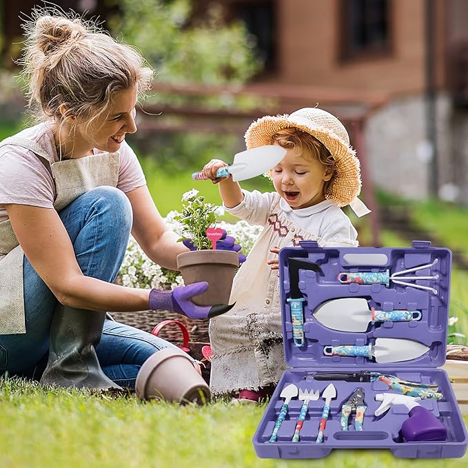 Garden Tool Set, Stainless Steel Heavy Duty Gardening Tools 30 PCS w/Floral Print, Trowel Rake Weeder Pruner Shears Sprayer Digging Claw Gloves, Ideal Gardening Set for Women