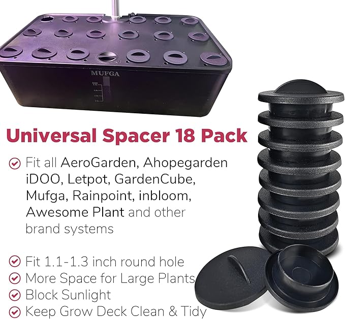 Universal Plant Spacer Caps (18 Pack) Compatible with Aerogarden, Ahopegarden, GardenCube, iDOO, Mufga, Letpot and Other Hydroponics Growing System Kit, Pod Cover Lids for Indoor Garden Kit, Black