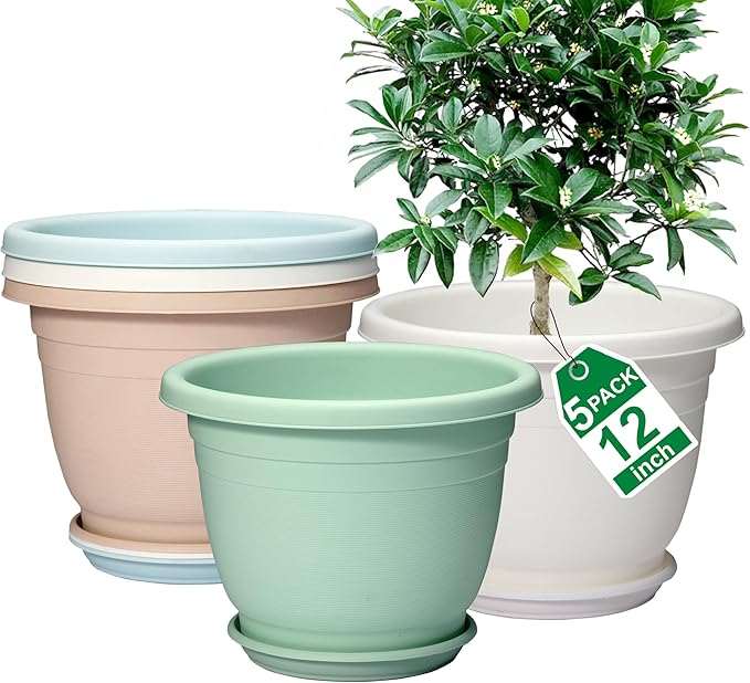 5 Packs 12 inch Flower Pots + Saucer, Planters for Indoor & Outdoor Plants with Drainage Holes | Plastic Flower Pots, Large Planter (Colorful, 12 inch)