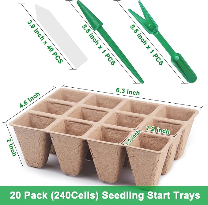 QDBNW 240 Cells Seed Starter Tray Kit, Biodegradable Peat Pots for Seedlings Trays, Plant Starter Seed Germination Kit with 40 Labels and 2 Transplant Tools (20, 240 Cells)