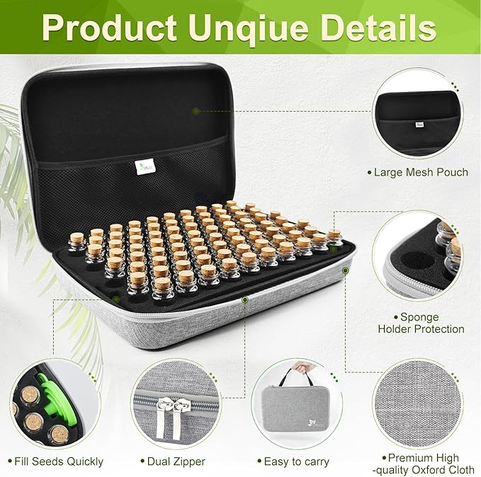 SMUJU 【80 Slots】 Seed Storage Organizer, Sturdy Seed Organizer Storage Box with Dual Zipper Bag and 84Pcs Label Stickers, Glass Seed Storage Container for Flower Vegetable Plants Garden Seeds Saving