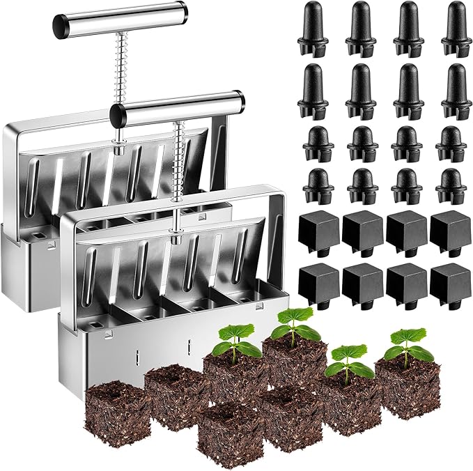 2 Set Soil Blocker, 2 Inch 4 Cell Upgraded Soil Blocking Tool for Seed Starting, Handheld Soil Block Maker with 3 Sizes Seed Pins for Garden Soil Potting Transplanting Germination