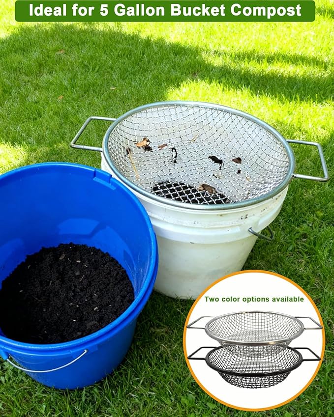 Dirt Soil Sifter for Gardening - 2Pcs Multi Mesh Size Set (1/8",1/4",) Heavy Duty Garden Sieve with Handles, Ideal for 5 Gallon Bucket Compost, Dirt, Sand, Gravel, Rocks & Sawdust Sifter
