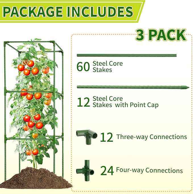 3 Pack Square Tomato Cages for Garden - 42 Inch Heavy Duty Tomato Plant Support Stakes, Sturdy Metal Core with Rust-Resistant Coating, Tomato Trellis for Raised Beds