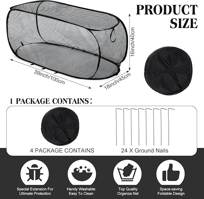 4 Pcs 39" x 18" x 16" Pop up Garden Mesh Plant Cover Outdoor Plant Protector Garden Row Raised Bed Cover with Ground Nails Crop Cage Net for Seedlings Vegetable Fruit Herbs (Black)