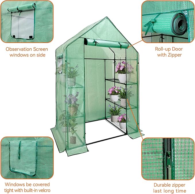Heyfurni Walk in Greenhouse with Shelves,Walk-in Plant Green House with Durable Green PE Cover, 3 Tiers 6 Shelves Stands with Ground Pegs & Ropes for Stability, 56"x28"x76"