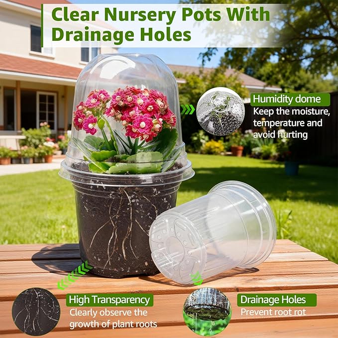 MIXC Clear Nursery Pots with Humidity Domes, 5/4/3.5 Inch Reinforced Transparent Plastic Pots for Planting with Drainage Holes for Seedlings, 30 Pack