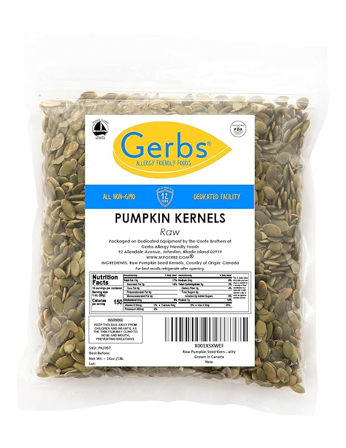 Gerbs Raw Pumpkin Seed Kernels 1 lb. | North American Grown, No Artificial Additives, Resealable Bag | Mild & Crunchy Texture | Top 14 Allergen-Free