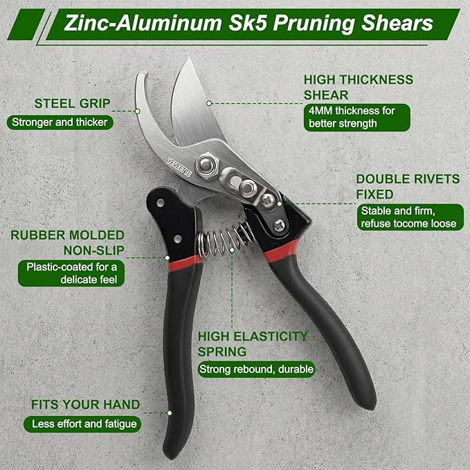 Pruning Shears, 8.5" Professional Garden Shears, SK5 Steel Hedge Clippers, Garden Clippers Handheld, Heavy Duty Garden Scissors Tools, Pruning Shears for Gardening Yard Roadside