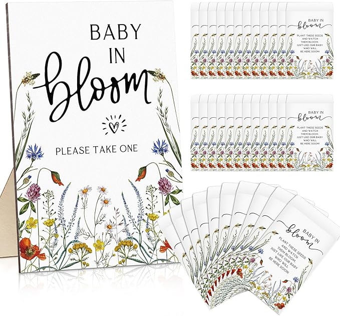 Maitys 100 Pcs Baby Shower Seed Packets Favors for Guests Baby in Bloom Wooden Sign Self Adhesive Envelopes Packet Storage Decor, No Seeds(Wildflowers)