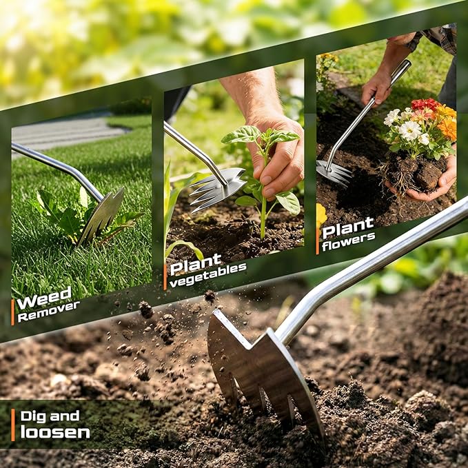 Upgraded Weed Puller Tool, 4-Tooth Stainless Steel Manual Weeder, Garden Weed Remover Tool for Vegetable Gardening Backyard Farm Planting & Weeding