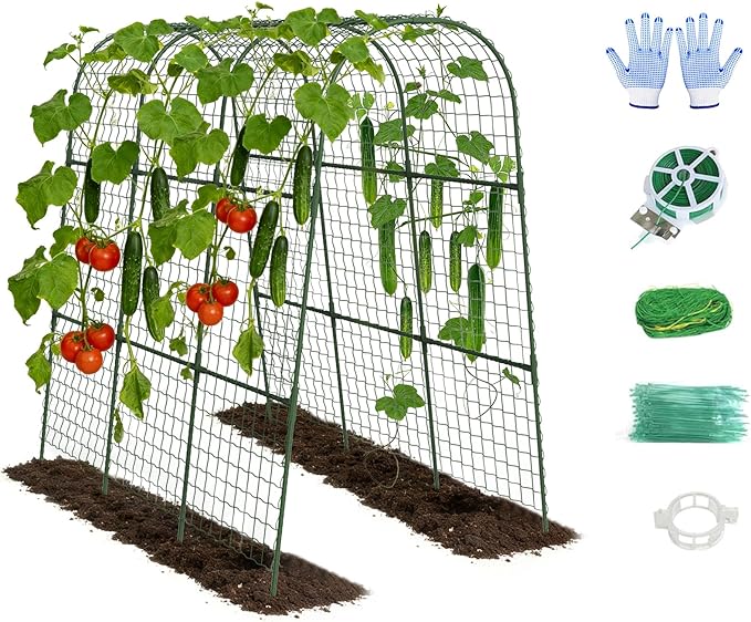 Cucumber Trellis, Metal Garden Arch Trellis for Raised Bed, 48 x 48inch U-Shape Garden Trellis for Climbing Plants Outdoor, Vegetables Fruit Plant Support with Netting, Gardening Supplies (Green)